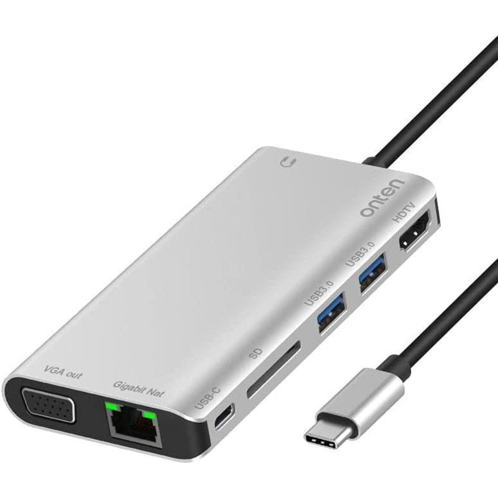 Onten 9591B | 8-in-1 USB-C Multifunction Hub | HDMI 4K@30Hz + VGA + RJ45 LAN + PD 100W + USB 3.0 × 2 + SD Card + 3.5mm Audio | Plug & Play | For MacBook, Surface, Dell XPS, HP Spectre, USB-C Laptops/Tablets