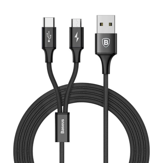 Baseus Rapid Series | 2-in-1 USB-A to Micro + Type-C Cable | 2A Charging | 480Mbps Data | Braided | Reinforced Connectors | 1 Meter | Black | For Android Phones, Tablets, Bluetooth Accessories, Power Banks