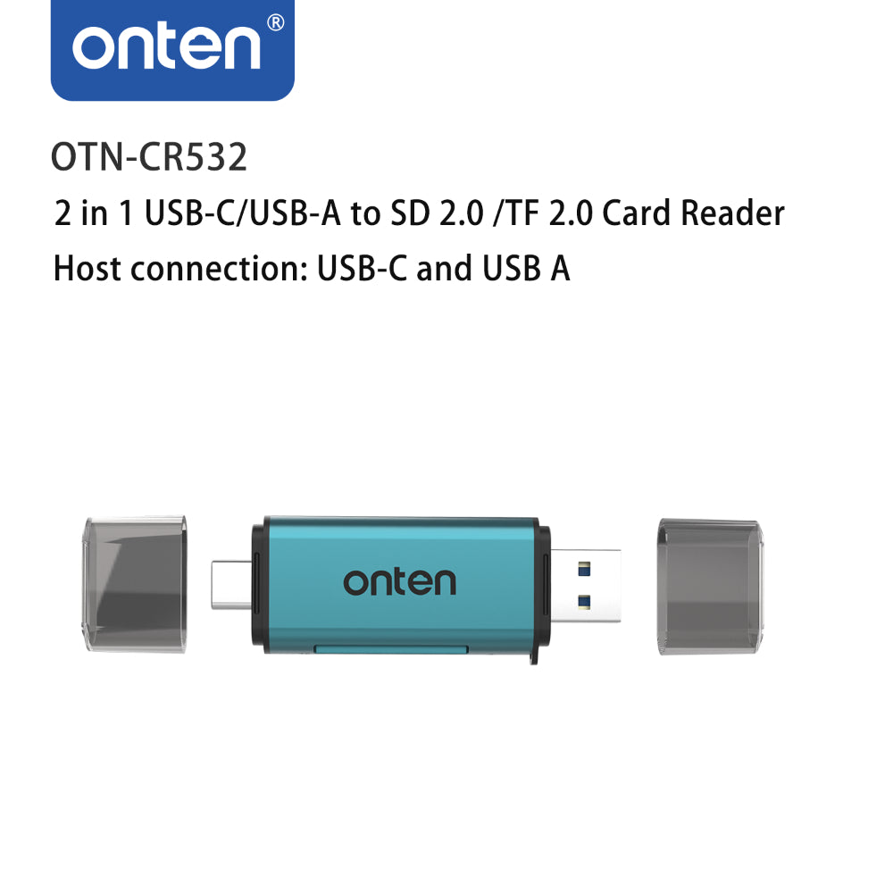 Onten | USB 2-in-1 SD2.0 / TF2.0 Card Reader | USB-A Interface | Plug & Play | Compact Design | For SD / MicroSD Cards | For Windows, macOS, Linux