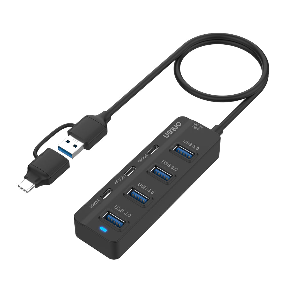 Onten UCA5306 | USB-C + USB-A to 7-Port USB 3.0 Hub | 5Gbps Transfer | Dual Interface | Plug & Play | For MacBook, Surface, Dell, HP, USB-C &amp; USB-A Laptops/PCs