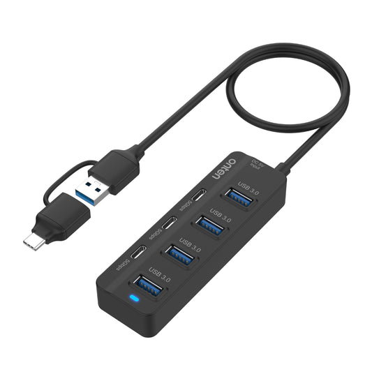 Onten UCA5306 | USB-C + USB-A to 7-Port USB 3.0 Hub | 5Gbps Transfer | Dual Interface | Plug & Play | For MacBook, Surface, Dell, HP, USB-C &amp; USB-A Laptops/PCs