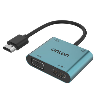 Onten 5166HV | HDMI to HDMI + VGA Adapter with Audio | Dual Display Output | 2K@60Hz | 3.5mm Audio Jack | USB-C Power Input | Plug &amp; Play | For Laptops, Consoles, Media Players