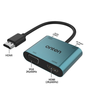 Onten 5166HV | HDMI to HDMI + VGA Adapter with Audio | Dual Display Output | 2K@60Hz | 3.5mm Audio Jack | USB-C Power Input | Plug &amp; Play | For Laptops, Consoles, Media Players