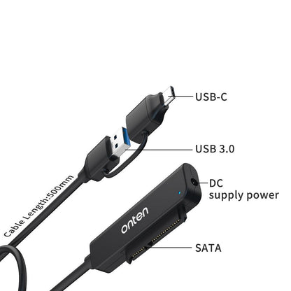 Onten OTNUCA311 | USB-C + USB 3.0 to SATA Adapter | 5Gbps Transfer | UASP Support | Plug & Play | For 2.5" SATA SSDs/HDDs | For Windows, macOS, Linux