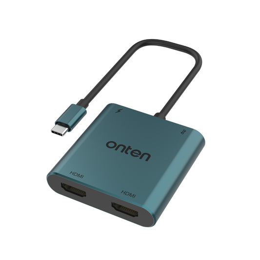 Onten OTN-9175K | 4-in-1 USB Type-C to Dual HDMI + USB 3.0 Converter | 4K@30Hz | Plug &amp; Play | Mirror & Extend Modes | For MacBook, Windows, Type-C Laptops, Monitors, Projectors
