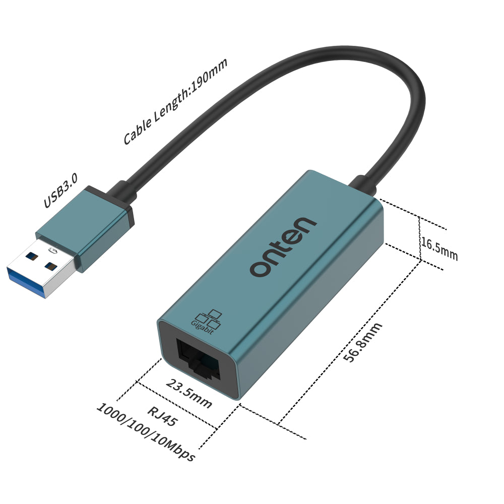 Onten OTN-5225 | USB 3.0 to Gigabit Ethernet Adapter | 10/100/1000 Mbps LAN | Foldable Cable | Plug & Play | For Laptops, Tablets, Ultrabooks, Windows, macOS, Linux