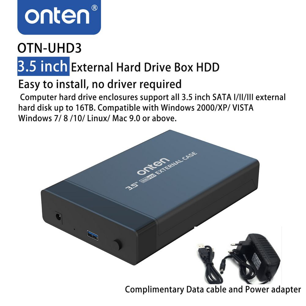 Onten | 3.5" SATA HDD External Enclosure | USB 3.0 Interface | Complimentary Data Cable & Power Adapter | Tool-Free Design | UASP Protocol | LED Indicator | For Windows, macOS, Linux