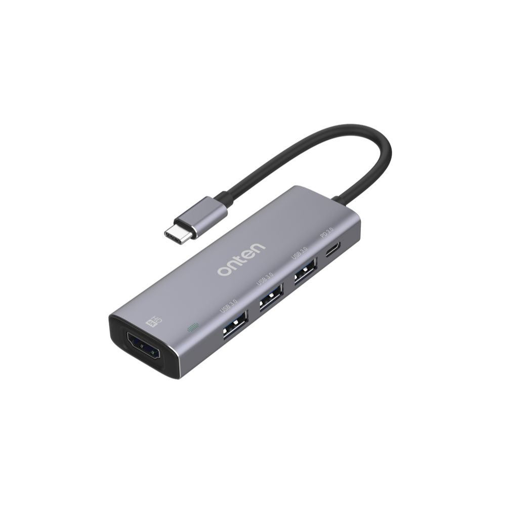 Onten OTN-95123 | 5-in-1 USB-C Hub | HDMI 4K@30Hz + USB 3.0 × 3 + 100W PD Charging | Plug & Play | For MacBook, Surface, Dell XPS, HP Spectre, USB-C Laptops/Tablets