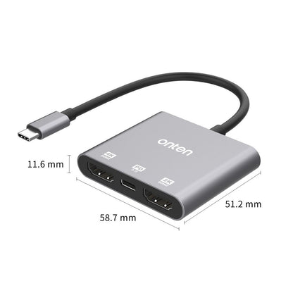 Onten OTN-9175S | USB-C to Dual HDMI Adapter | 4K@30Hz ×2 | Mirror & Extend Mode | Plug & Play | For MacBook, Surface, Dell XPS, HP Spectre, USB-C Laptops/Tablets