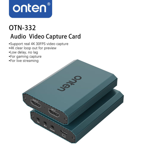 Onten OTN-332 | HDMI Video Capture Card | 4K@30Hz Input | 1080p@60Hz Recording | 3.5mm Audio I/O | Ultra-Low Latency | Plug & Play | For DSLR, PS5, Xbox, Switch, Set-Top Boxes, PCs