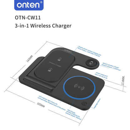 Onten OTN-CW11 | 3-in-1 Wireless Charging Stand | 15W Fast Charging | Qi 1.2 Certified | USB-C Input | For iPhone, Apple Watch, AirPods, Android Phones