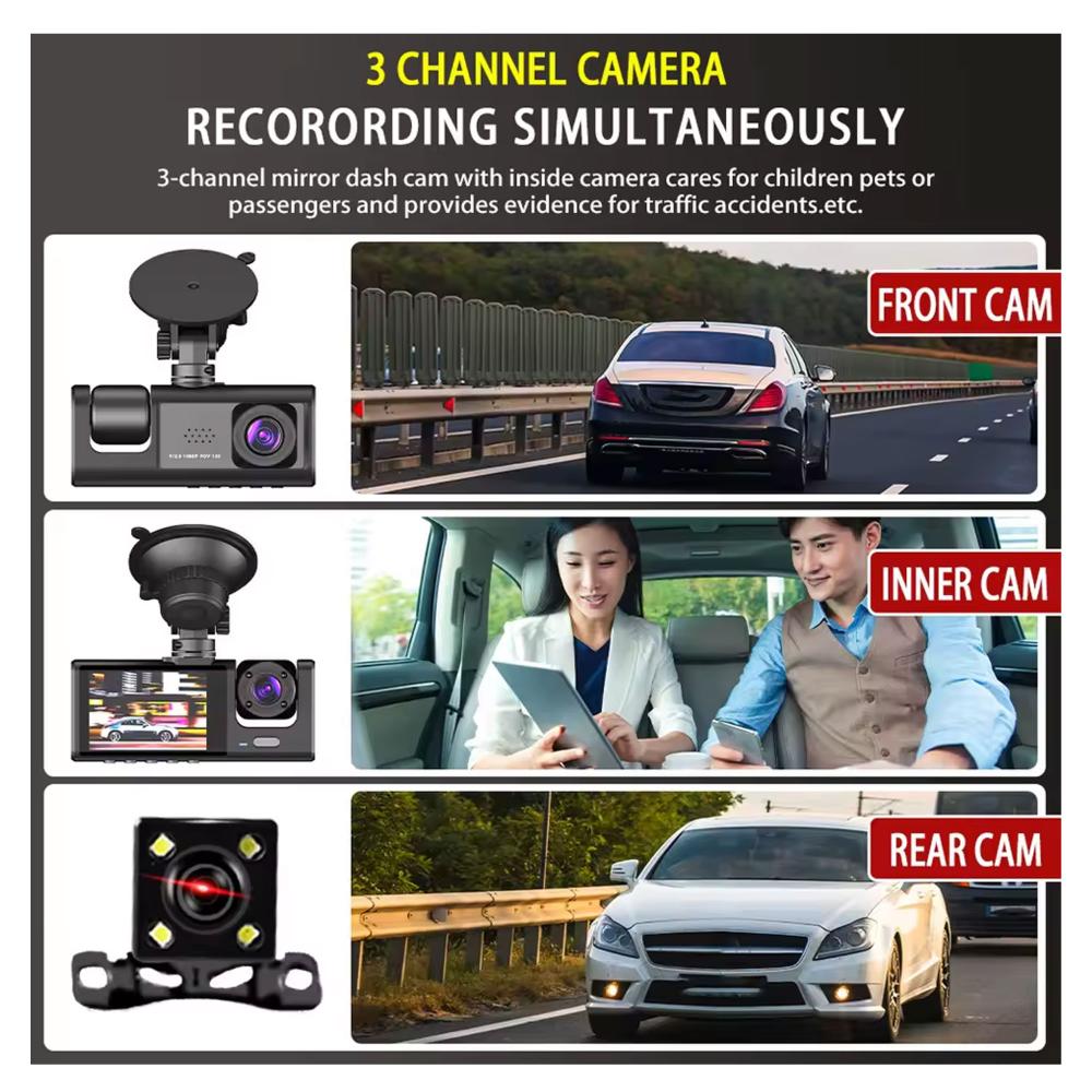 Y16 3 Channel Dash Cam | Full HD 1080P | 170° Wide-Angle | Front & Rear Recording