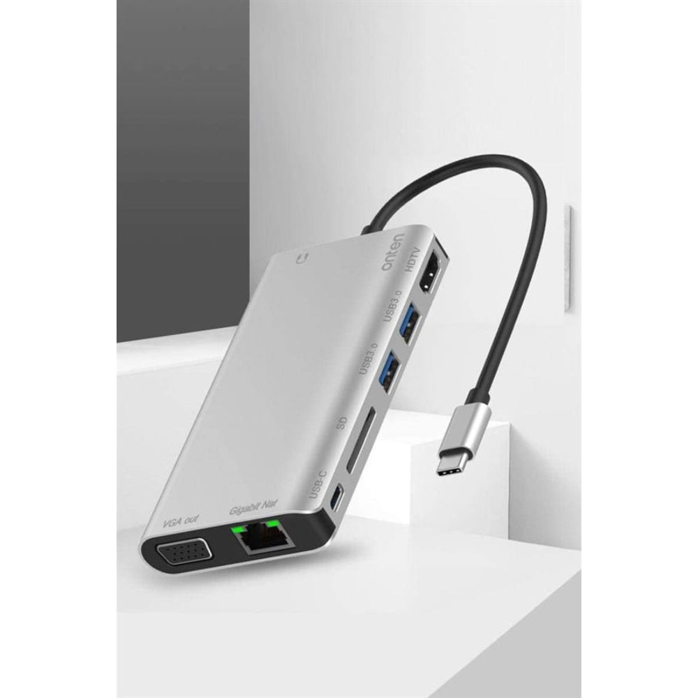 Onten 9591B | 8-in-1 USB-C Multifunction Hub | HDMI 4K@30Hz + VGA + RJ45 LAN + PD 100W + USB 3.0 × 2 + SD Card + 3.5mm Audio | Plug & Play | For MacBook, Surface, Dell XPS, HP Spectre, USB-C Laptops/Tablets