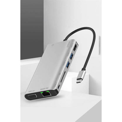Onten 9591B | 8-in-1 USB-C Multifunction Hub | HDMI 4K@30Hz + VGA + RJ45 LAN + PD 100W + USB 3.0 × 2 + SD Card + 3.5mm Audio | Plug & Play | For MacBook, Surface, Dell XPS, HP Spectre, USB-C Laptops/Tablets