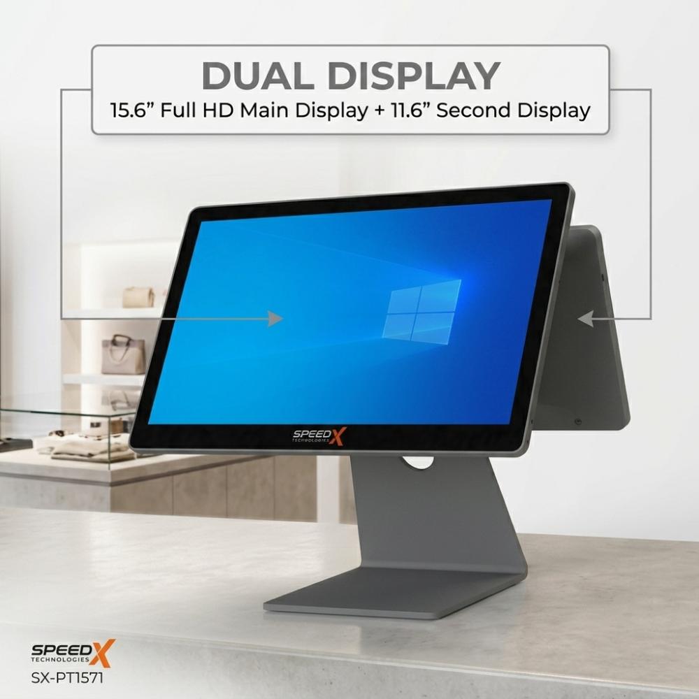Speed-X SX-PT1571 Dual Display All-in-One POS System | 15.6" FHD Touch Display + 11.6" Customer Display | Intel Core i7 11th Gen | 8GB DDR4 | 128GB mSATA SSD | WiFi 6 | Bluetooth 5.3 | Windows 11