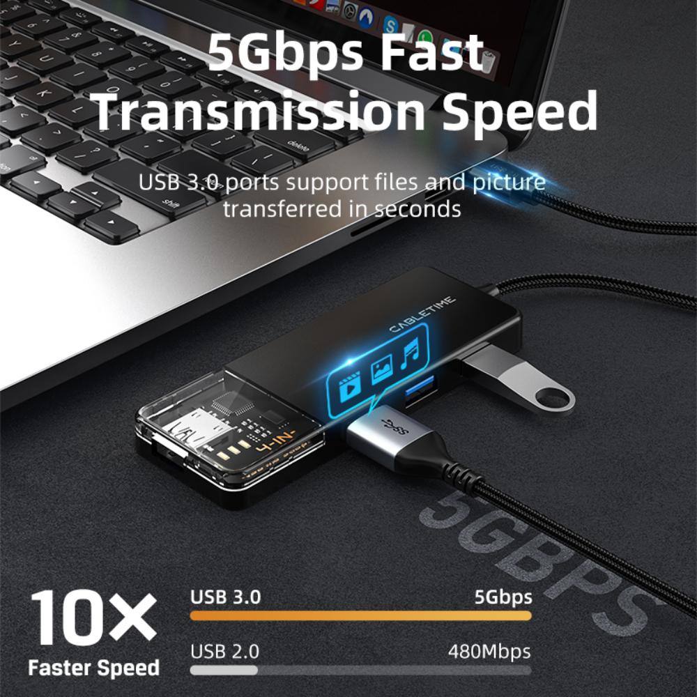 CABLETIME CB01B | 4-Port USB-A 3.0 Hub (5Gbps, 5V Power Supply, Transparent Design)