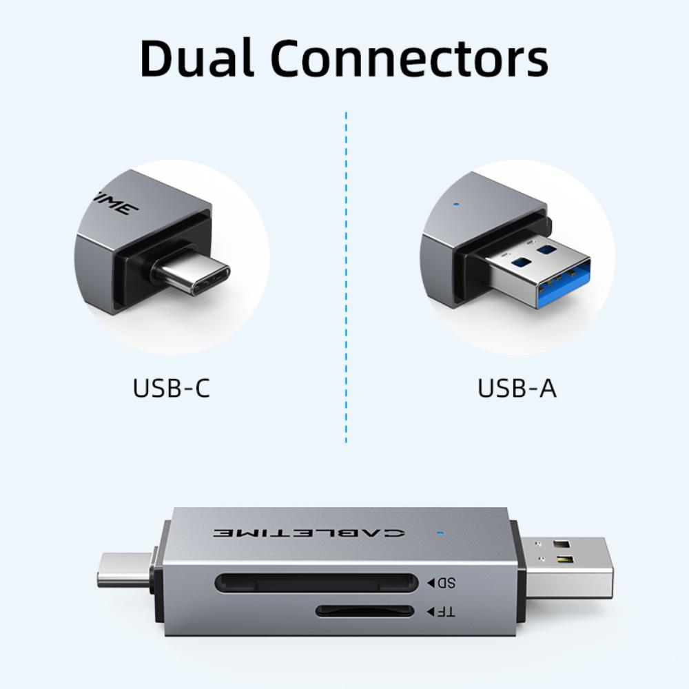 CABLETIME CD40G USB-C & USB-A SD/TF Card Reader | Dual Interface | 104MB/s High-Speed Data Transfer | Aluminum Alloy Shell