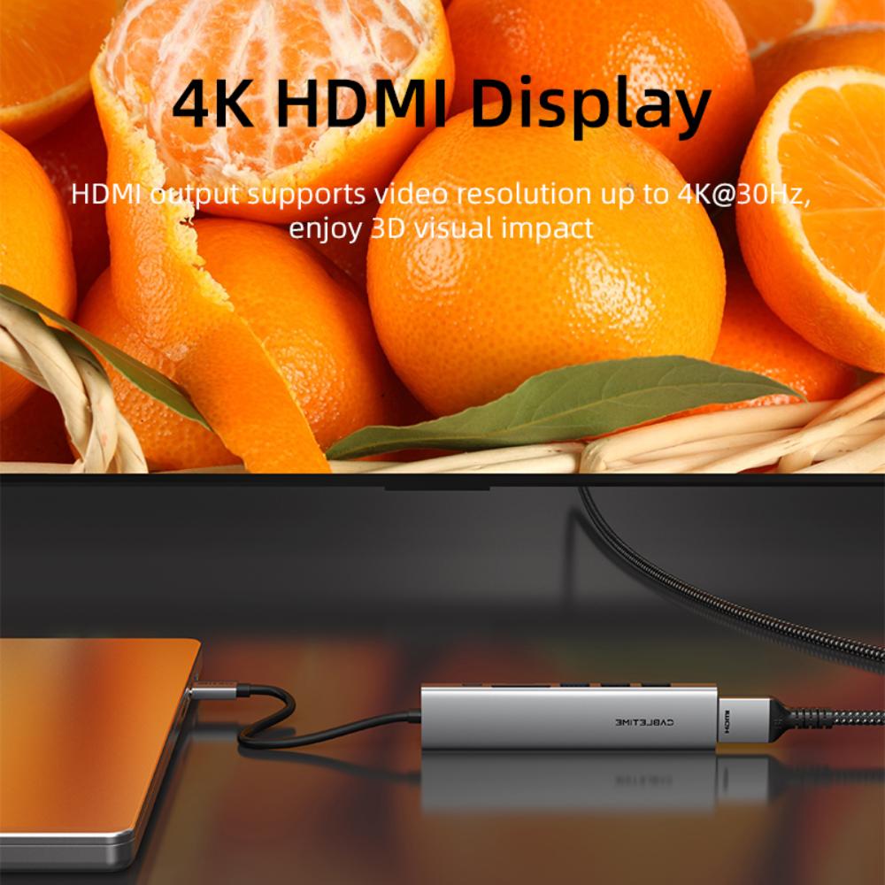 CABLETIME HB02G | 7-in-1 USB-C Hub | 4K HDMI, 100W PD, USB 3.0, SD/TF Card Reader | MacBook Pro, Windows, iPad