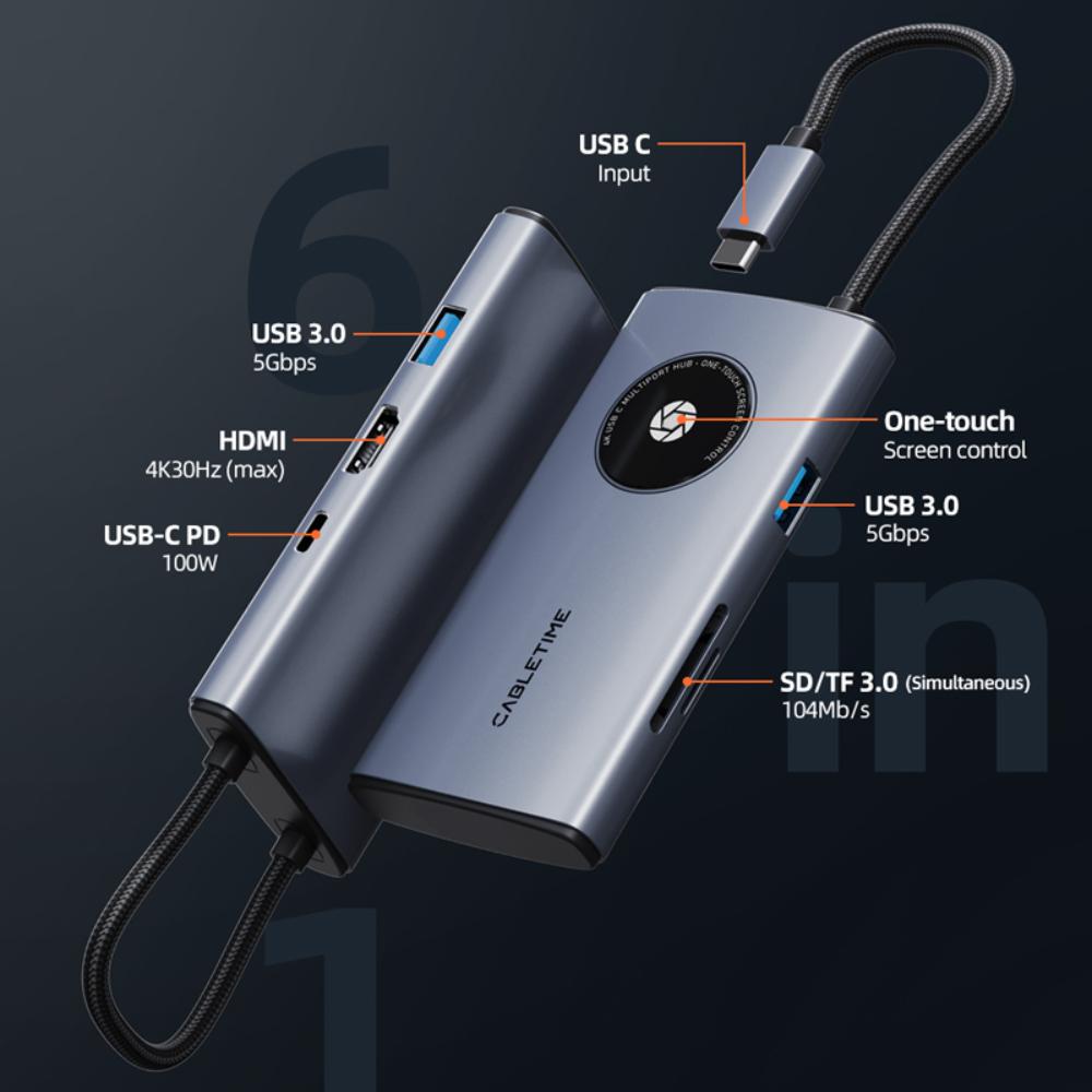 CABLETIME CB93G | 6-in-1 USB-C Multiport Travel Hub | 4K HDMI | 2× USB-A 3.0 5Gbps | SD/TF Reader 104Mbps | USB-C PD 100W | Aluminum + Braided Cable
