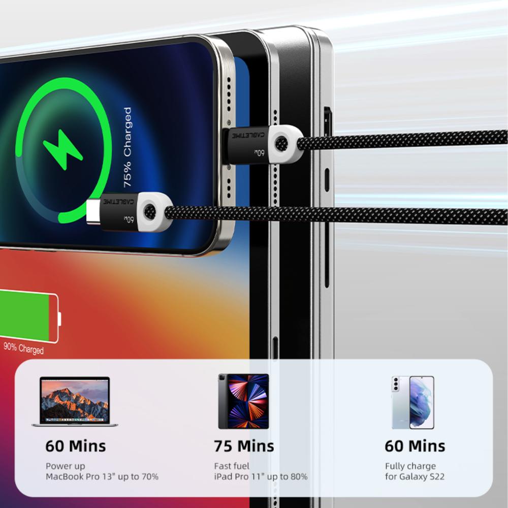 CABLETIME CUP4 USB-C to USB-C Fast Charge Cable | 1m / 2m | 60W Power Delivery | Braided Jacket & Smart Chip