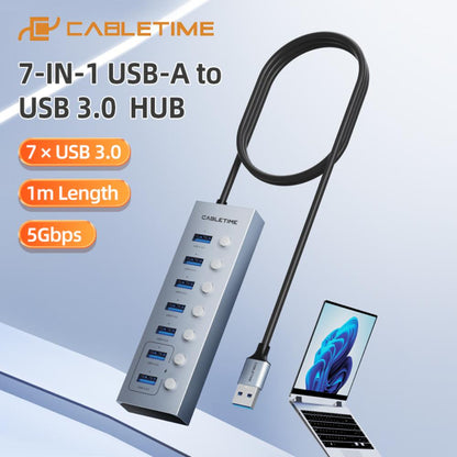 CABLETIME CB47G 7-Port Powered USB 3.0 Hub | 5Gbps High-Speed Data Hub | Individual Switches & LED Indicators | Long Cable | For Laptops & PCs