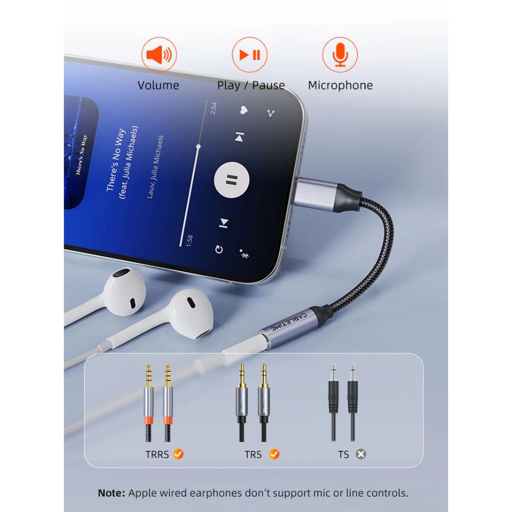 CABLETIME CPA6G USB-C to 3.5mm Audio Adapter | Hi-Fi DAC | Mic & Control Support | Durable Braided Design