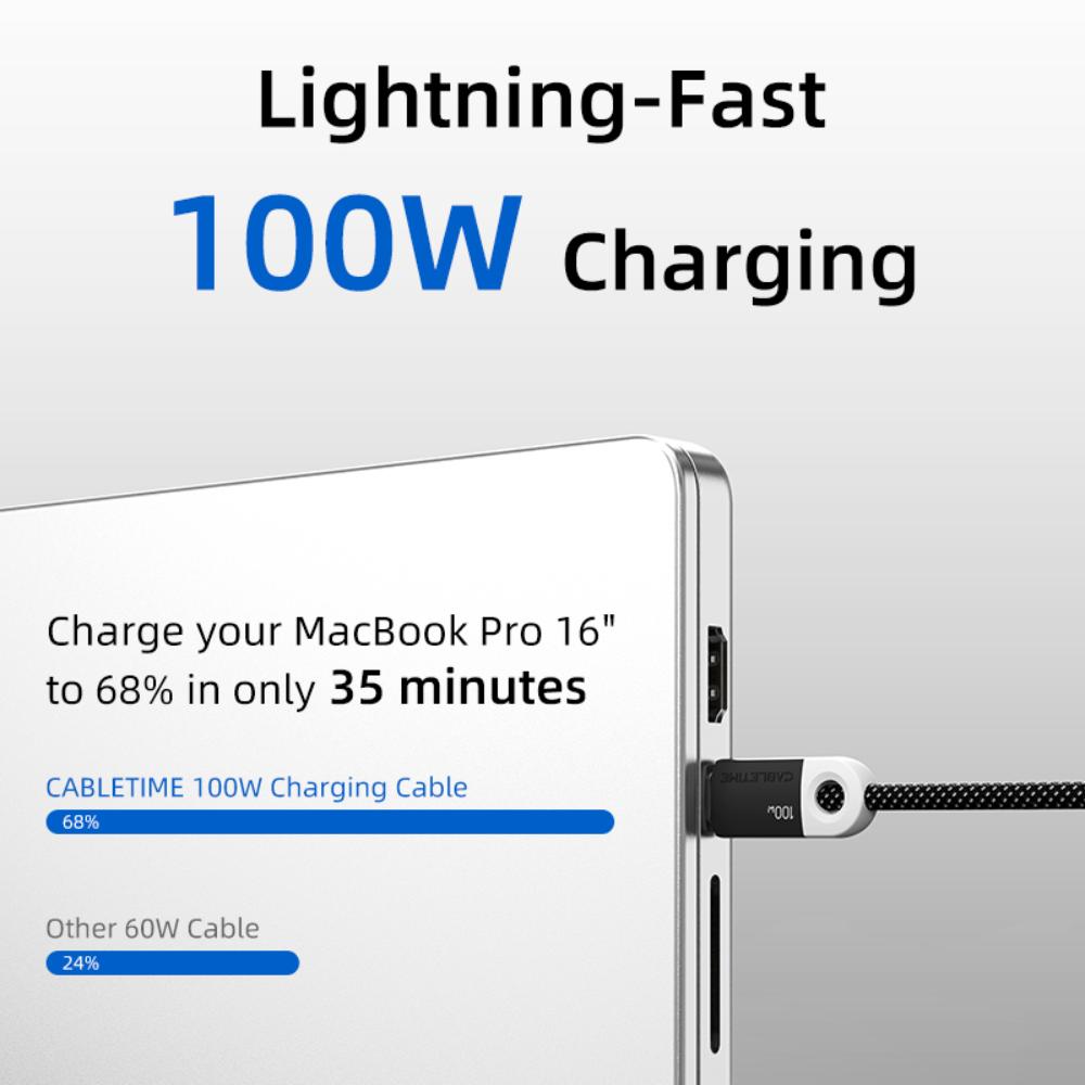 CABLETIME CUP1 USB-C to USB-C Fast Charge Cable | 100W Power Delivery | Braided Jacket & Smart Chip