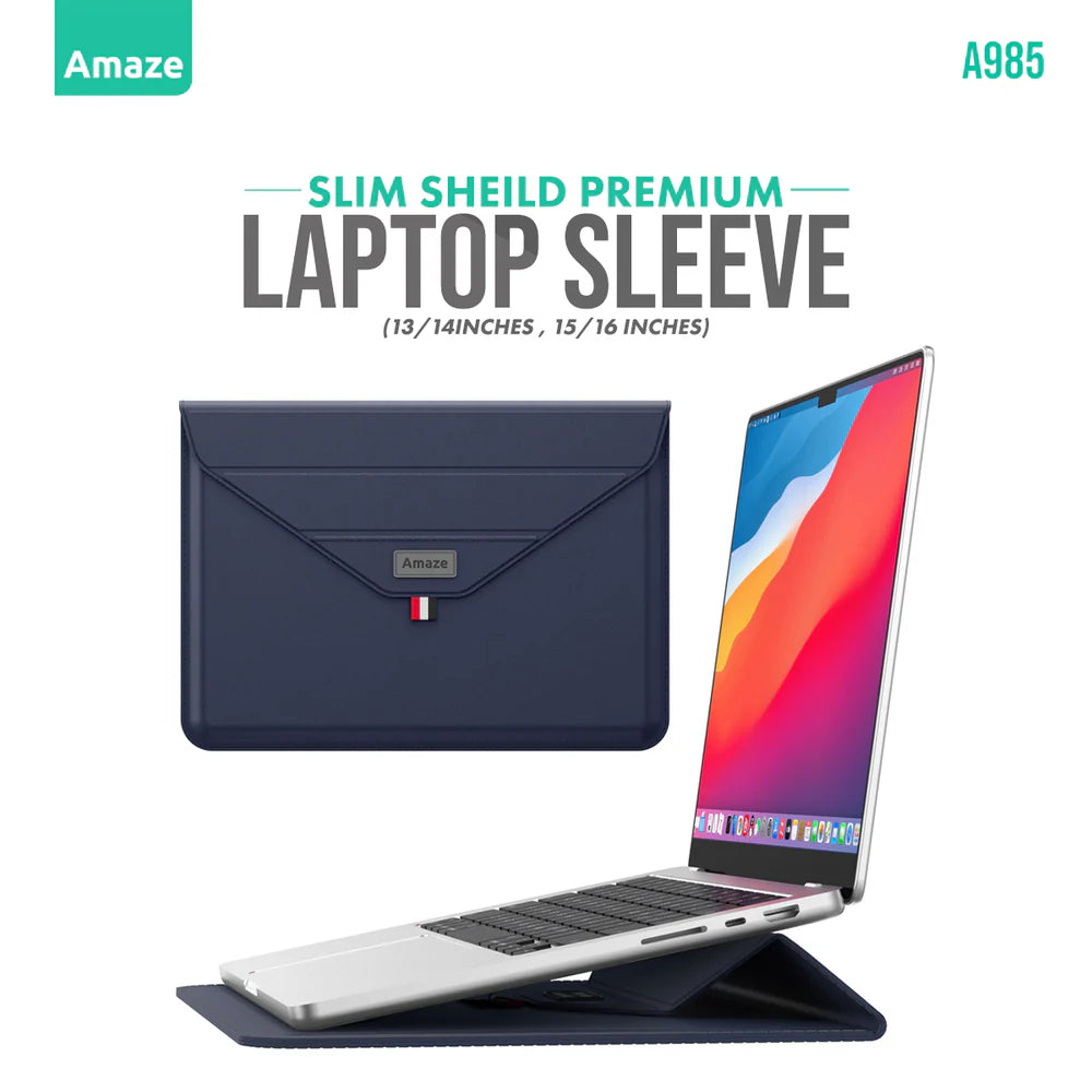 Amaze A985 Slim Shield Convertible Laptop Sleeve | For 15–16" MacBook & Laptops | Premium Fabric | Foldable Stand Function | Shock Absorption | Water-Resistant | 4 Colors