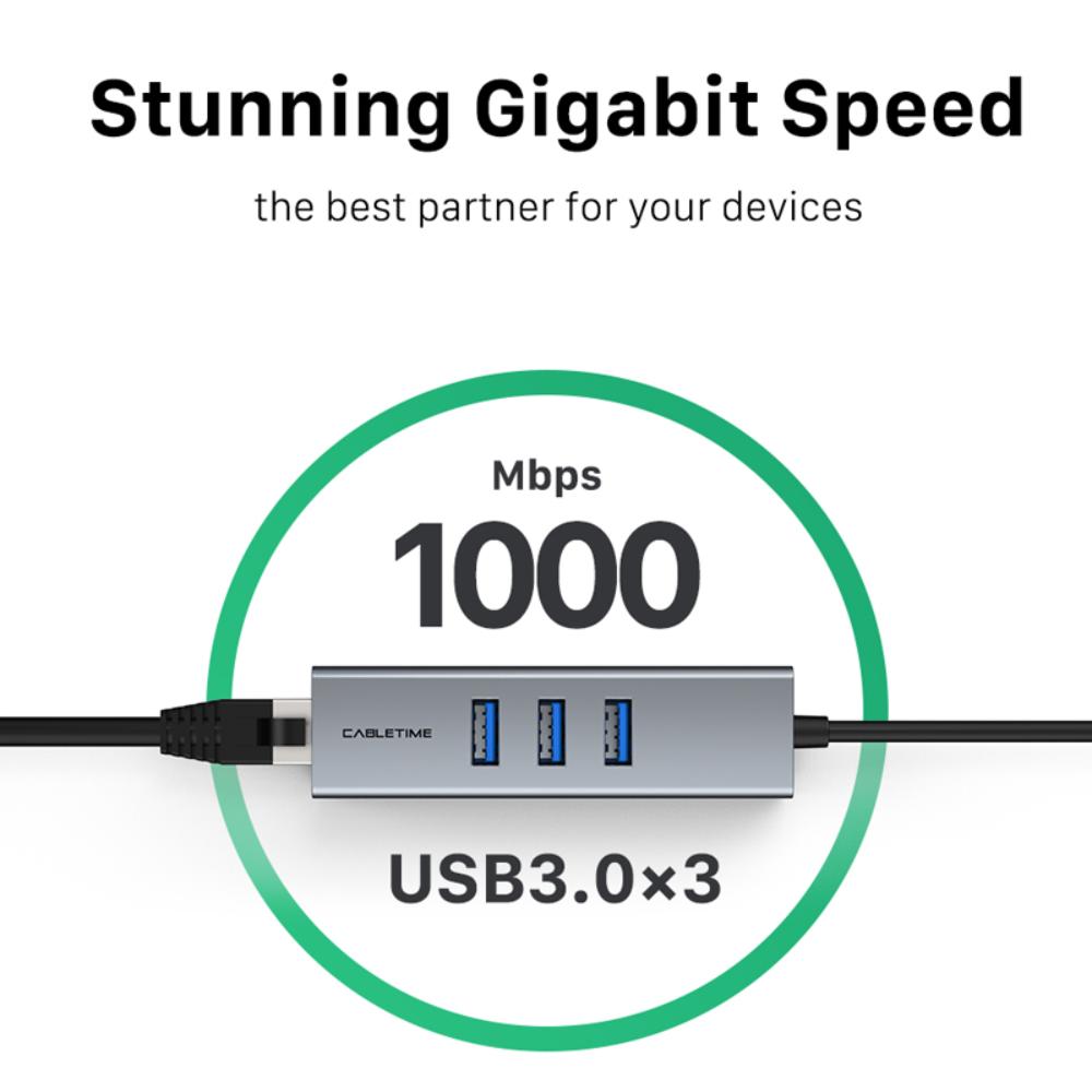 CABLETIME CB54G | USB-C 3-Port Hub with Gigabit LAN | 3× USB-A 3.0 5Gbps | 1000Mbps Ethernet | Aluminum Shell | Plug & Play