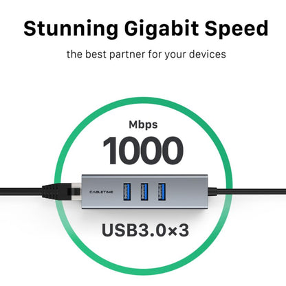 CABLETIME CB54G | USB-C 3-Port Hub with Gigabit LAN | 3× USB-A 3.0 5Gbps | 1000Mbps Ethernet | Aluminum Shell | Plug & Play