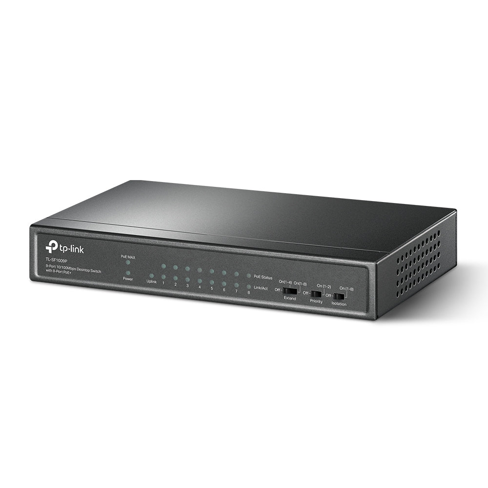 TP-Link TL-SF1009P 9-Port 10/100Mbps Desktop Switch with 8-Port PoE+ | Secure PoE Deployment with Extended Range and Traffic Control