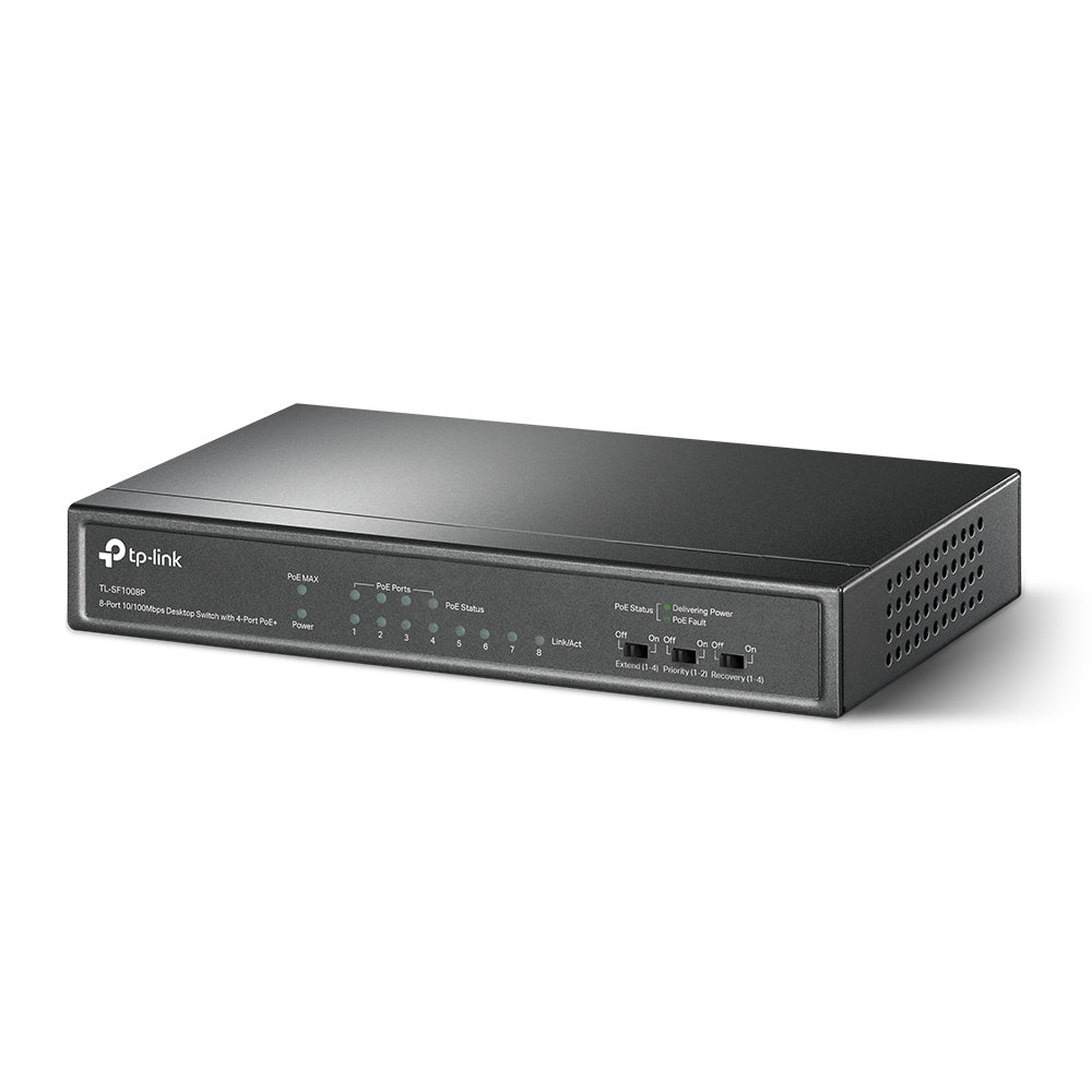 TP-Link TL-SF1008P 8-Port 10/100Mbps Desktop Switch with 4-Port PoE+ | Reliable PoE Power, Extended Range, and Silent Operation