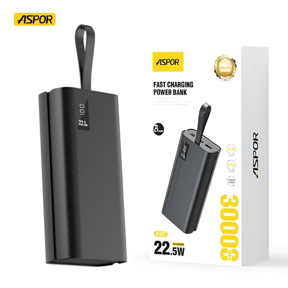 ASPOR A337 Power Bank | 30000mAh | 22.5W PD Fast Charging | LCD Display | USB-C & QC 3.0 | Black
