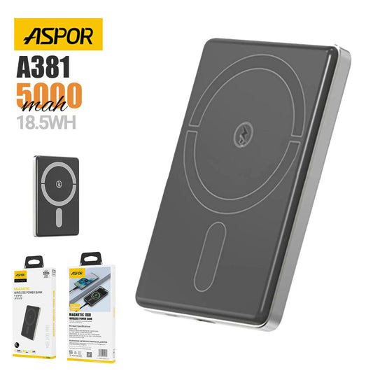 ASPOR A381 Mini Magnetic Wireless Power Bank | 5000mAh | 20W PD USB-C | 15W Qi Wireless | Pocket Size