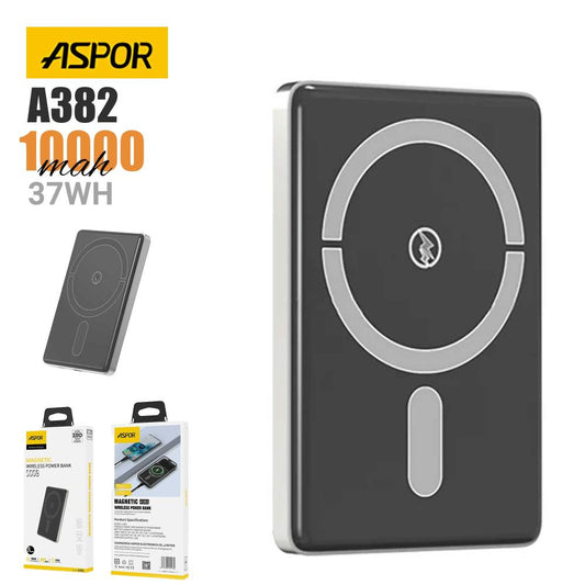 ASPOR A382 Mini Magnetic Wireless Power Bank | 10000mAh | 20W PD USB-C | 15W Qi Wireless | Black