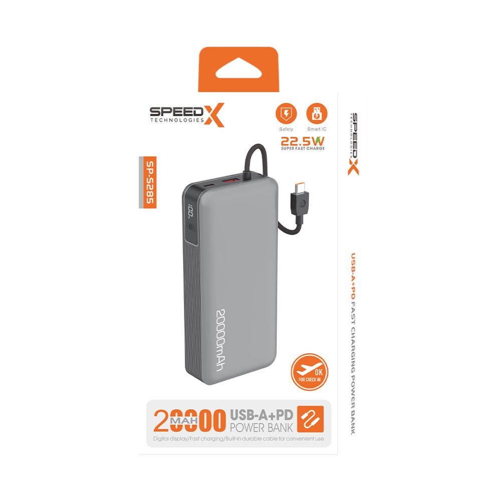 Speed-X SP-S285 Super Fast Charging Power Bank | 20000mAh | 22.5W Fast Charging | Built-in Retractable USB-C Cable