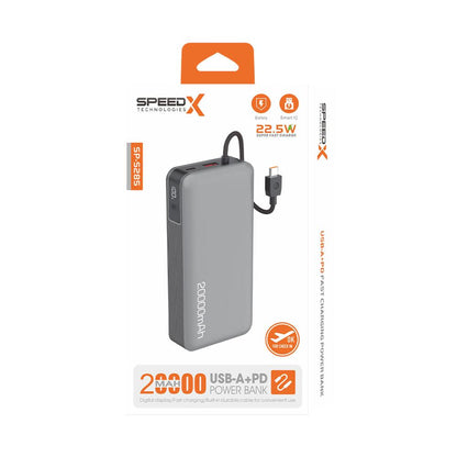 Speed-X SP-S285 Super Fast Charging Power Bank | 20000mAh | 22.5W Fast Charging | Built-in Retractable USB-C Cable
