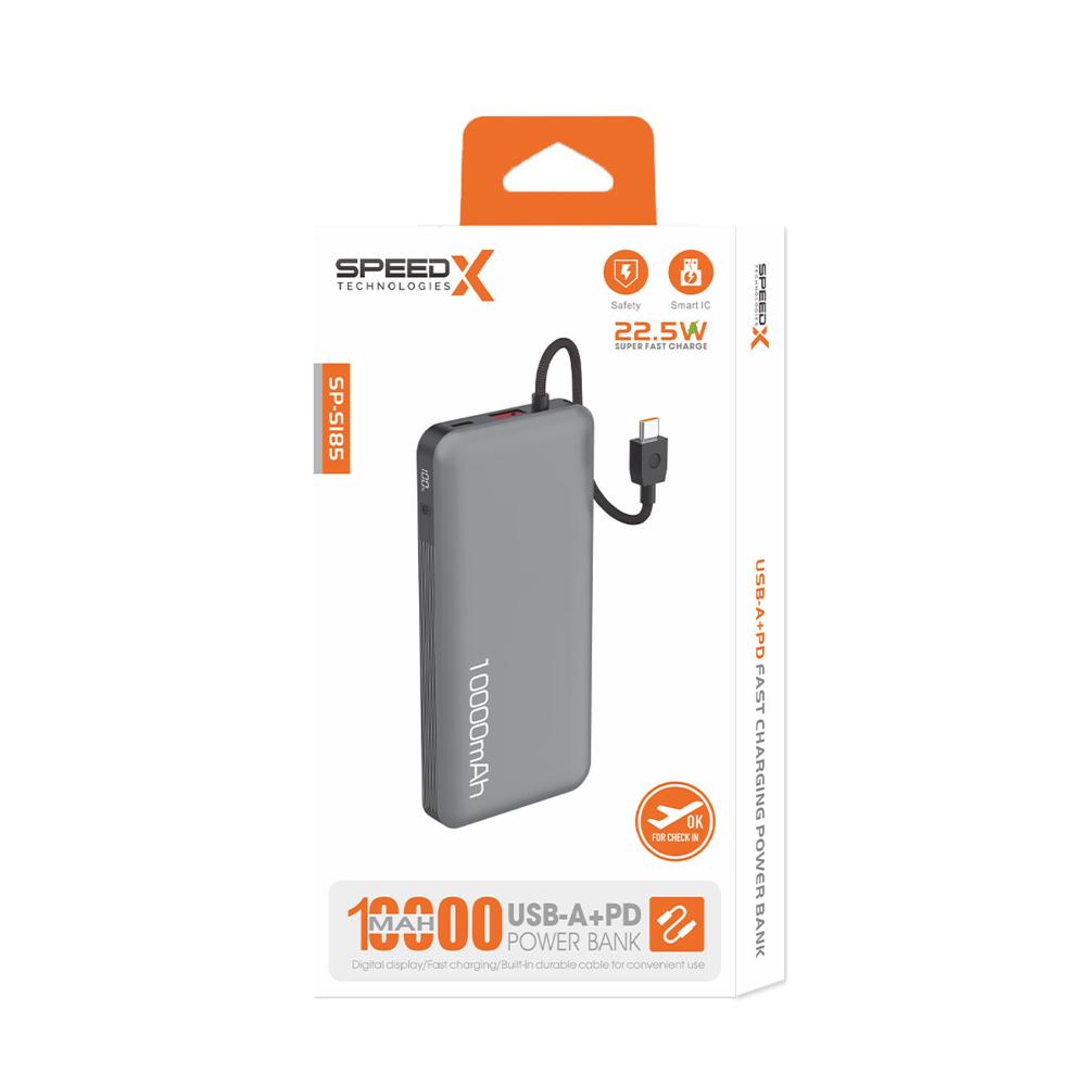 Speed-X SP-S185 Super Fast Charging Power Bank | 10000mAh | 22.5W Fast Charging | Built-in Retractable USB-C Cable