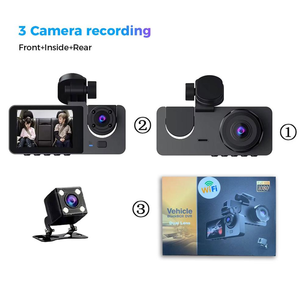 Y15 3-Channels WiFi Dash Cam | 1080P HD | Night Vision | Front + Interior + Rear | Parking Monitor