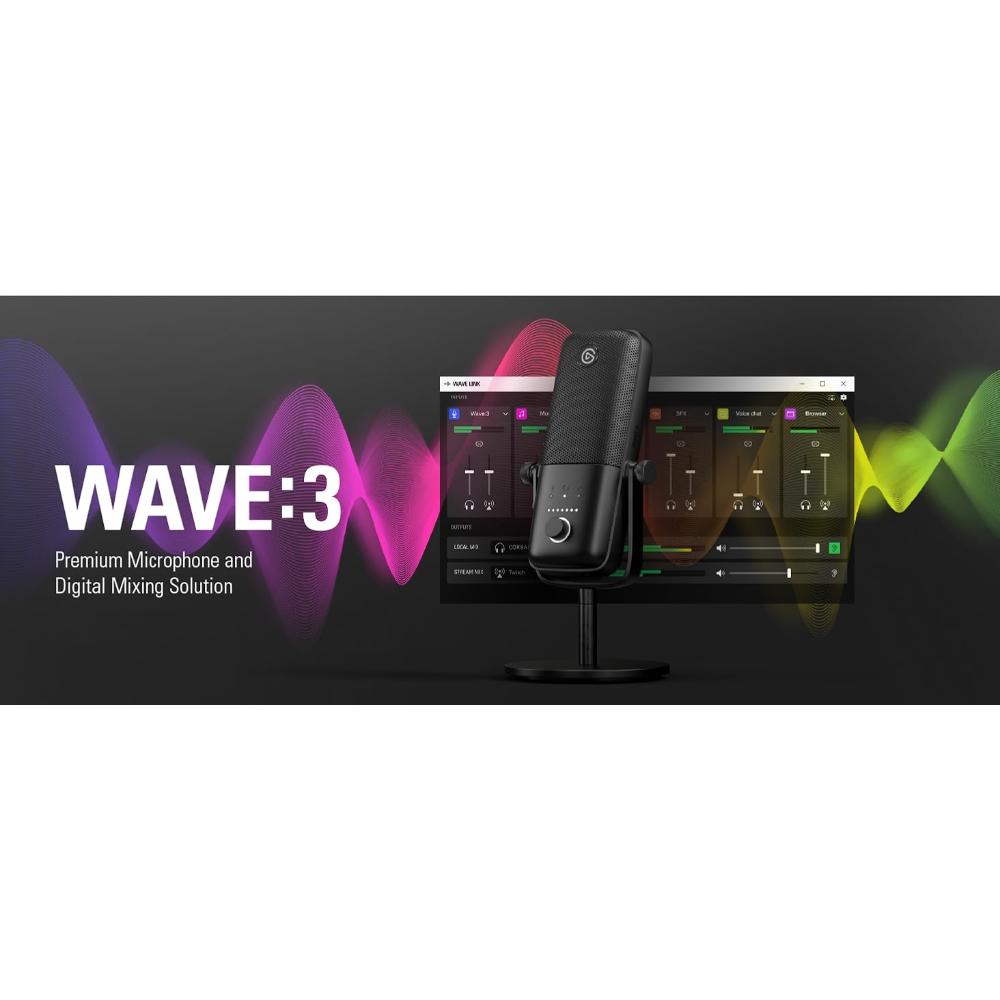 Elgato Wave:3 USB Condenser Microphone | 24-bit/96kHz | Clipguard Anti-Distortion | Streaming & Podcast Mic