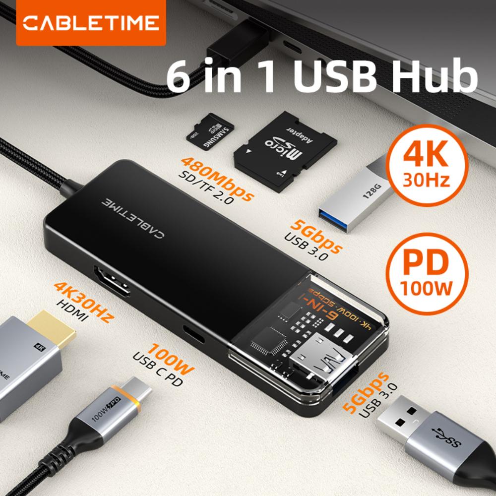 CABLETIME CB04B | 6-in-1 USB-C Multiport Hub (4K HDMI, 100W PD, 5Gbps USB 3.0, SD/TF) | 0.2m Transparent Design