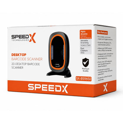 Speed-X SX-BS9650 2D Desktop Barcode Scanner | Hands-Free Auto Scan | USB & RS232 | 1D & 2D QR Code Scanner