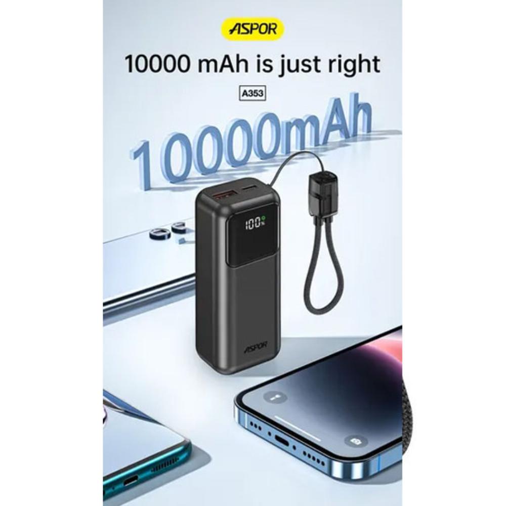 ASPOR A353 Mini Power Bank | 10000mAh | 20W PD + QC Fast Charging | LED Display | Compact Portable Charger