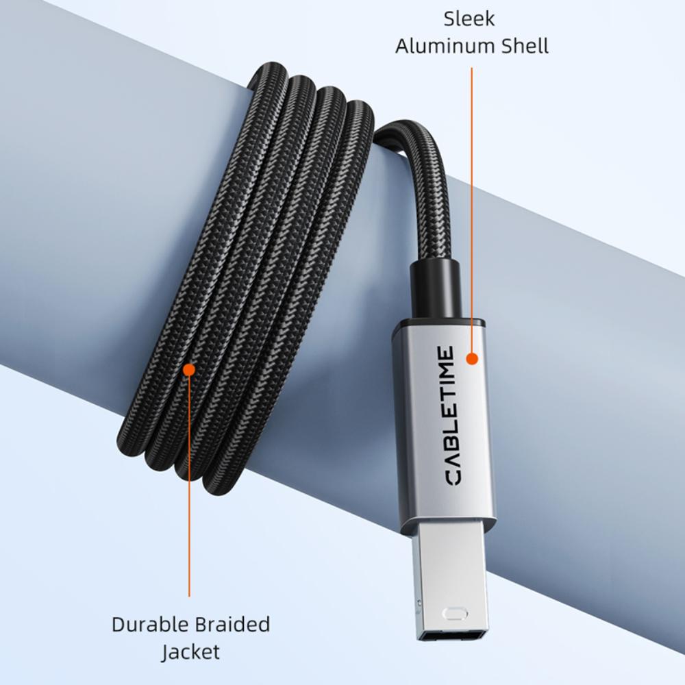 CABLETIME CA15L | USB 2.0 A to B Printer Cable | 480Mbps High-Speed Data Transfer | Aluminum Shell + Braided Jacket (2M)