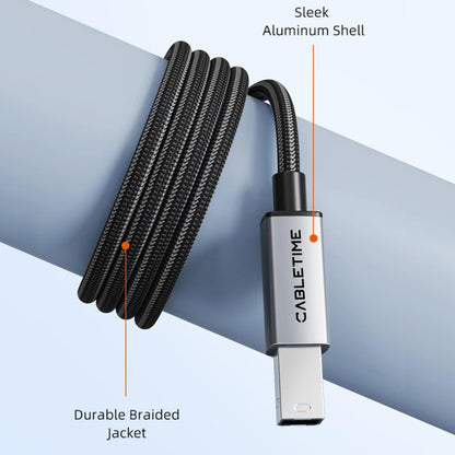 CABLETIME CA15L | USB 2.0 A to B Printer Cable | 480Mbps High-Speed Data Transfer | Aluminum Shell + Braided Jacket (2M)