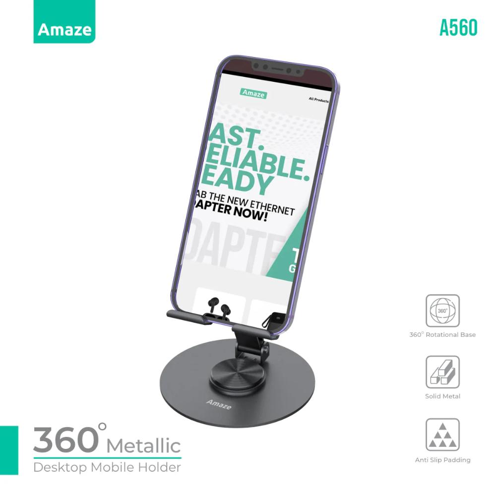 Amaze A560 360° Metallic Desktop Mobile Holder | Adjustable Rotation | Anti-Slip Base