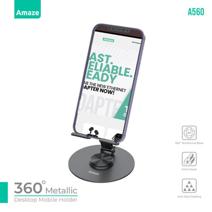 Amaze A560 360° Metallic Desktop Mobile Holder | Adjustable Rotation | Anti-Slip Base