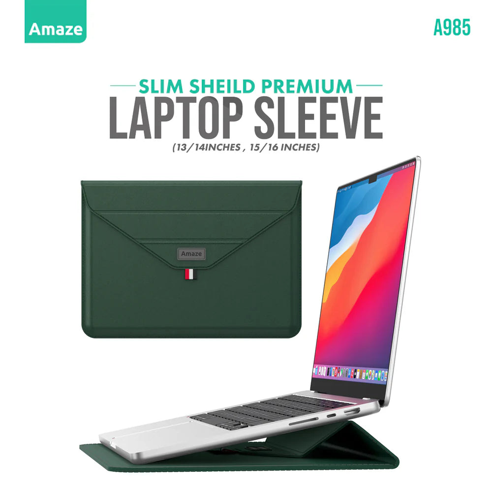 Amaze A985 Slim Shield Convertible Laptop Sleeve | For 15–16" MacBook & Laptops | Premium Fabric | Foldable Stand Function | Shock Absorption | Water-Resistant | 4 Colors