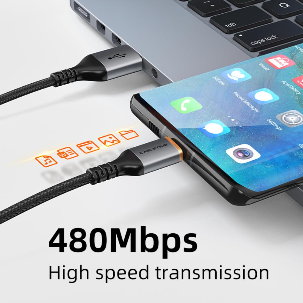 CABLETIME CA50 USB-A to USB-C Cable | 5A Super Fast Charging | Nylon Braided | 0.5m / 1m / 2m