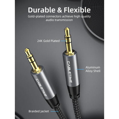 CABLETIME CF10K 3.5mm Male to Male Stereo Audio AUX Cable | Gold-Plated Connectors, Nylon Braided, 1.8m Length